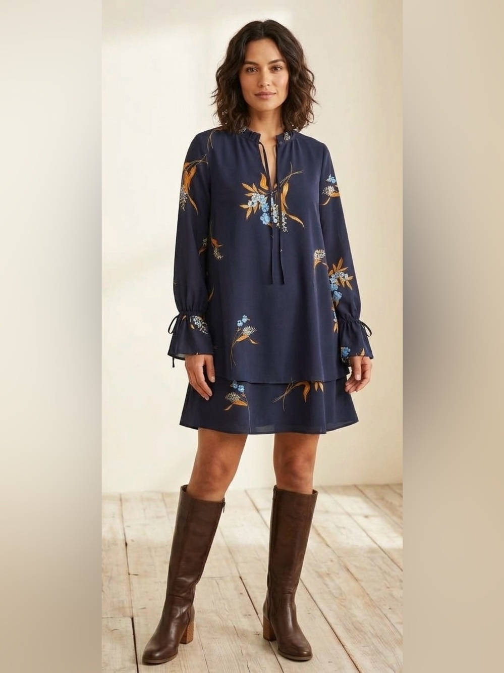 Sugarlips Navy Dusk Bloom Floral Tiered Ruffle Shift Dress Size S